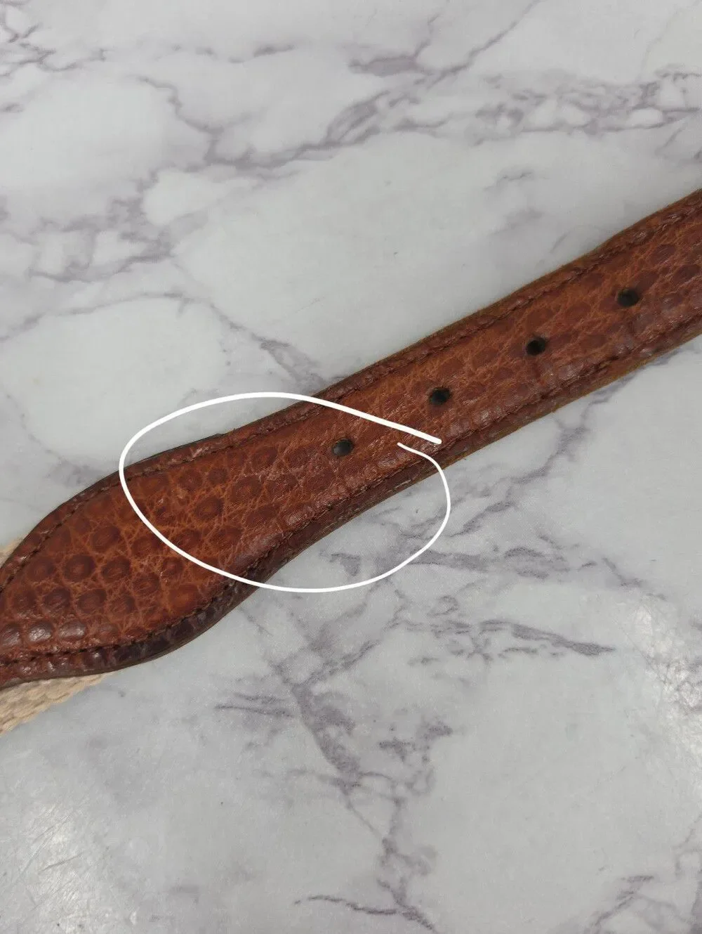 Vintage Cole Haan Men's Woven Cream Belt with Brown Leather Silver Tone Buckle